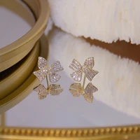 elegant exquisite 14k real gold bow shape stud earrings for women cubic zircon zc sweet earrings