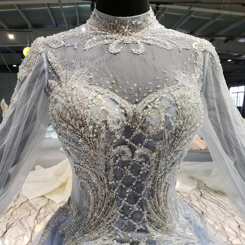 HTL1135 светло-голубое вечернее платье длинное для женщин рукав-фонарик высокая