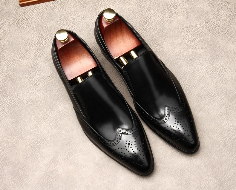 

casual men italian dress shoe genuine leather pointed toe Slip on formal wedding Business Shoe Black coffee oxford shoes lofers