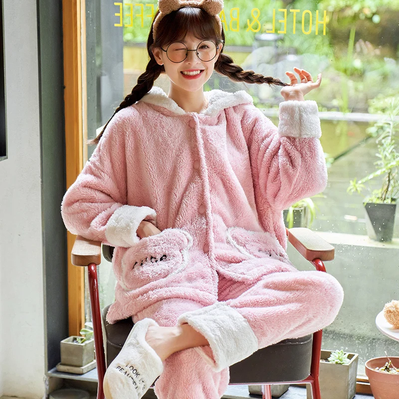 Winter Pajamas Loose Version Lady's Sleepwear Flanner Pajama set Contrast Color Woman женский Nightdress Hooded Lovers Pajamas