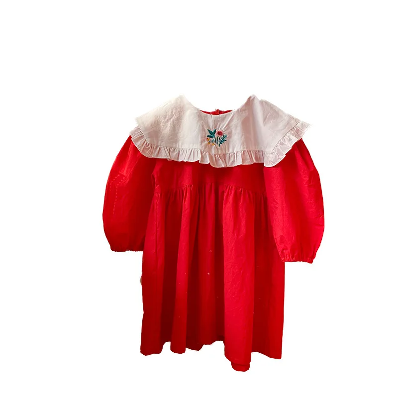 

2021 New Girls O-neck Solid Color Cotton Dress Loose Long Sleeve Lapel Embroidery Princess Dress Children's Dress