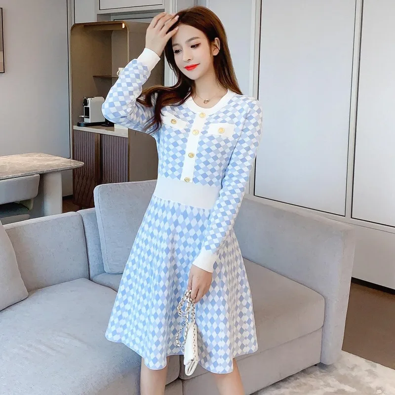 

Fashion Women's Dress 2020 Autumn Small Fragrance Wind Contrast Color Plaid Waist Slim Long-sleeved Knitted Dress