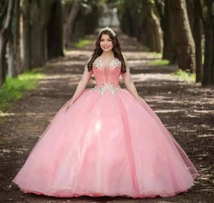 

Pink Quinceanera Dresses 2020 Deep V Neck Sweet 15 16 Dresses Backless Puffy Rock Birthday Party Sweep Train Beautiful