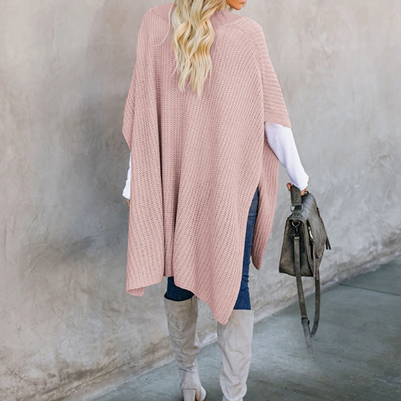 Women's Autumn Winter Sweater Split Batwing Sleeve Long Coat Female Casual Loose Knitted Pullover Solid Pink Cloak Jumper | Женская