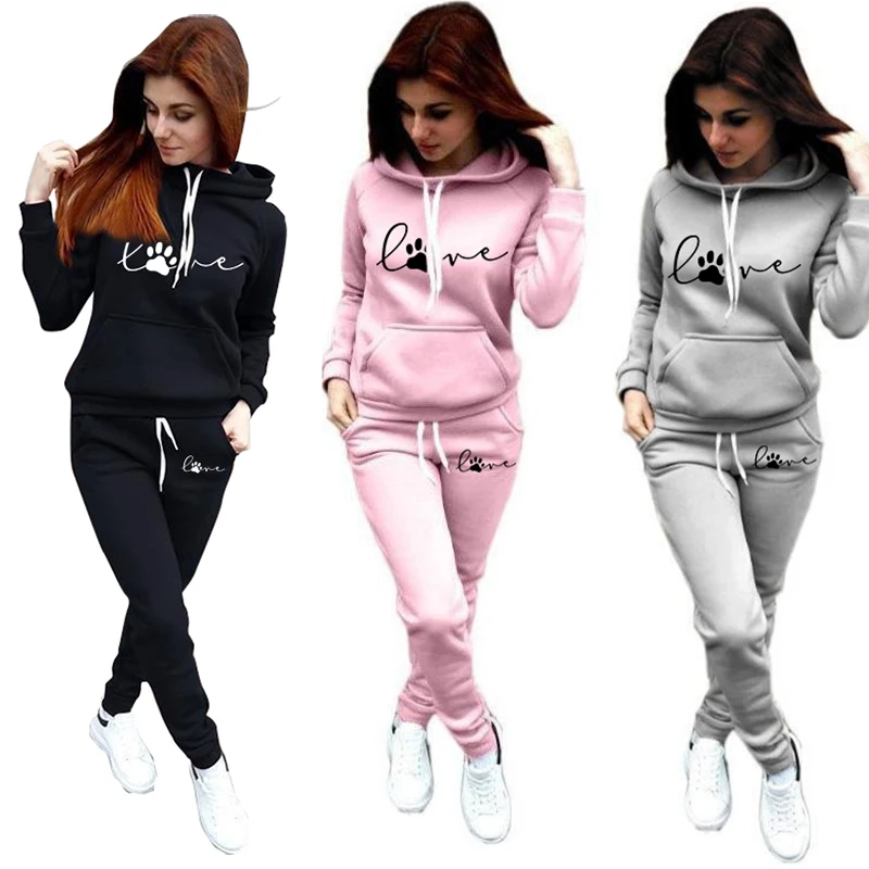 

спортивный костюм женск Women's 2-Piece Set Sweatshirt+Pants Fleece Turtleneck Hooded Love Cat Paw Print Oversize Female Suit