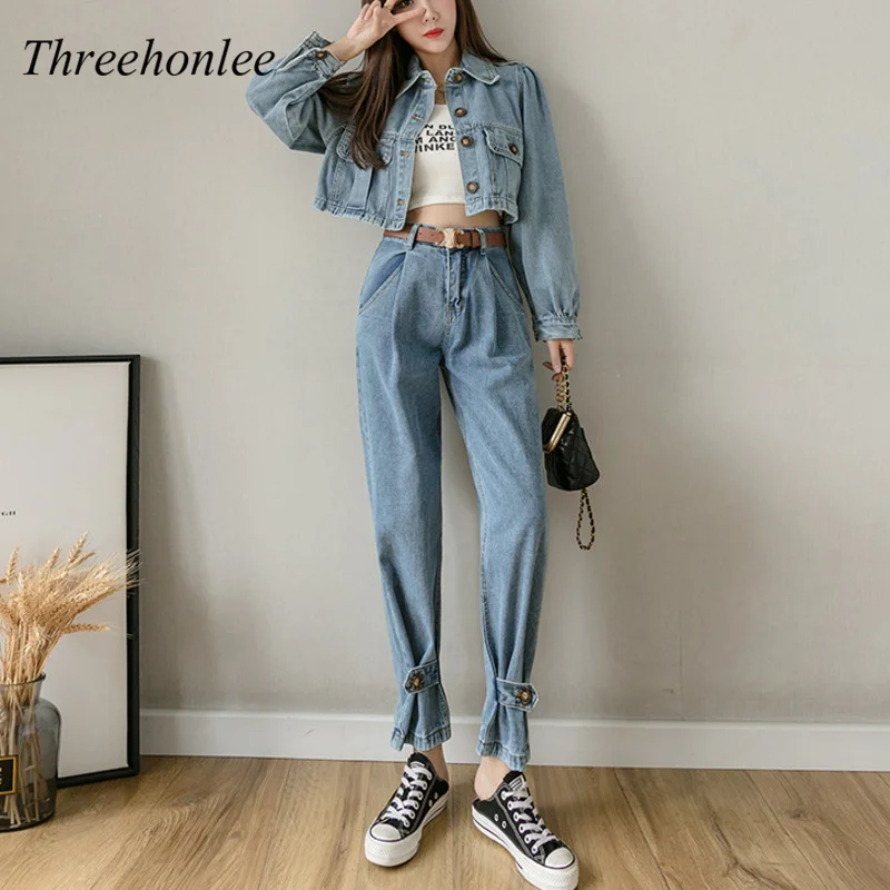 

High Quality Women's Casual Denim Suit 2 Piece Set Polo Collar Short Denim Top + High Waist Slim Loose Straight Denim Pants Sets