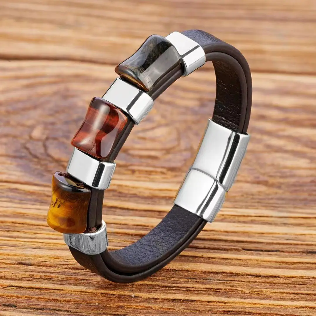 Мужской кожаный браслет из нержавеющей стали тигровый глаз | Украшения и