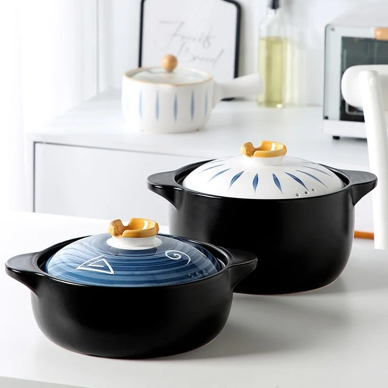 

1/1.5L Japanese Hand-painted Ceramic Casserole Hot Soup Pot Household Cooking Pan with Ceramic Lid Kitchen Cooking Tools