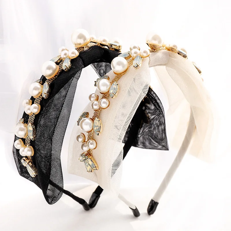 

2021 винтажная сетчатая Кружевная повязка на голову с жемчугом Стразы ободок Женская повязка на голову аксессуары для волос для девушек Opaska Do...