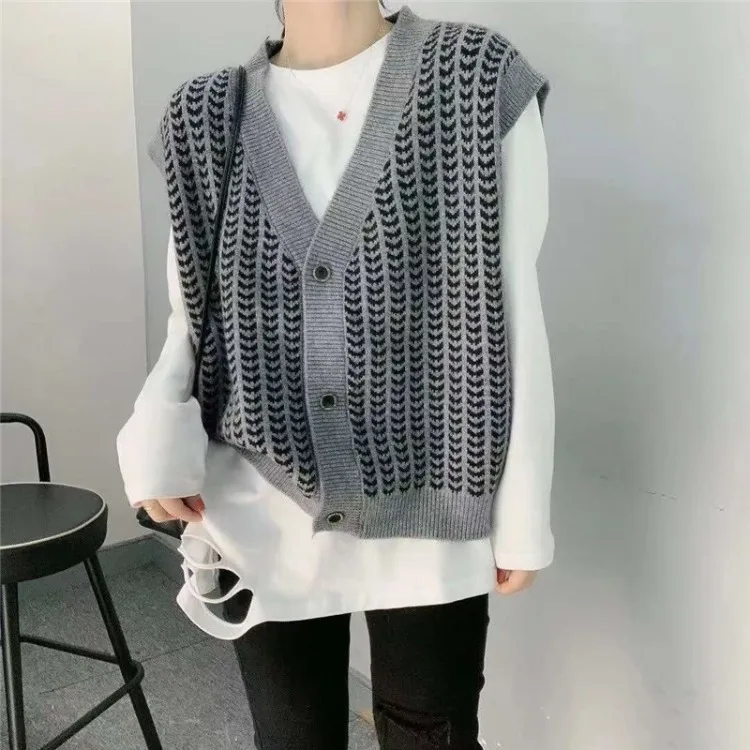 Клетчатый однобортный вязаный жилет с V-образным вырезом для женщин повседневный