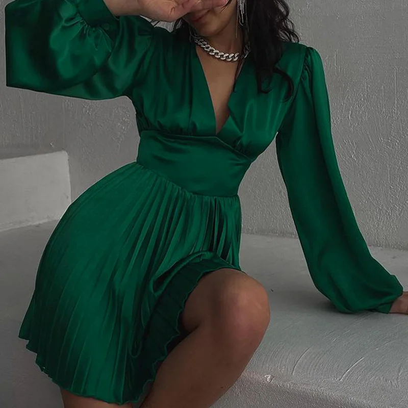 

Elegant Fashion Mini Dress For Women Sexy Deep V Lantern Long Sleeve Dress Solid Color Plastic Waist Pleated Dress Club Party