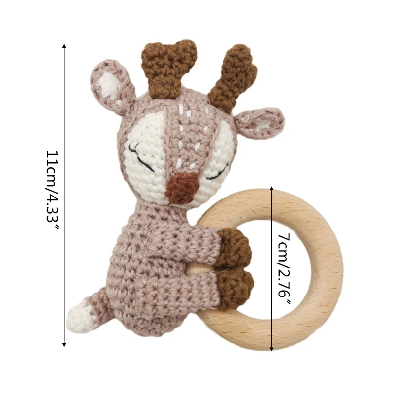 

Baby Wooden Teether Ring DIY Crochet Animal Deer Elk Rattle Bracelet Infant Teething Nursing Soother Molar Toys for Newborn Show