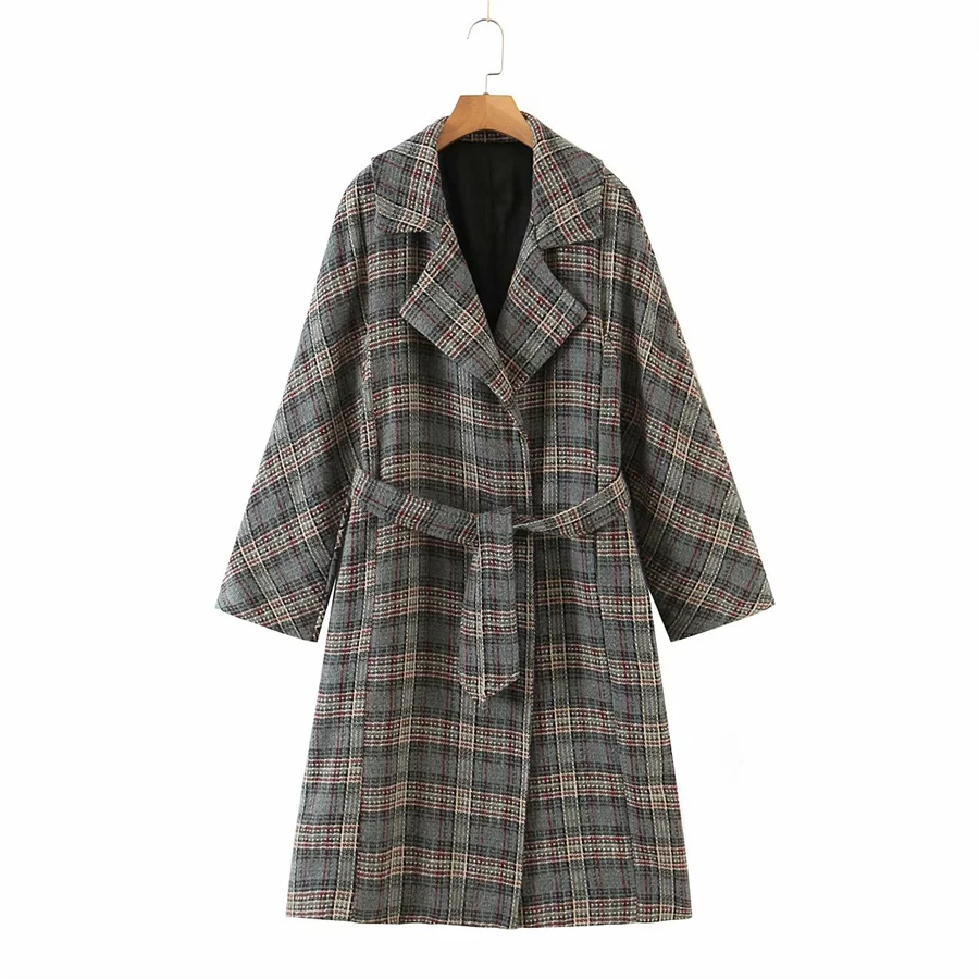 

Женское шерстяное пальто в клетку, Свободное длинное пальто с V-образным вырезом и поясом, в винтажном стиле, осень 2021