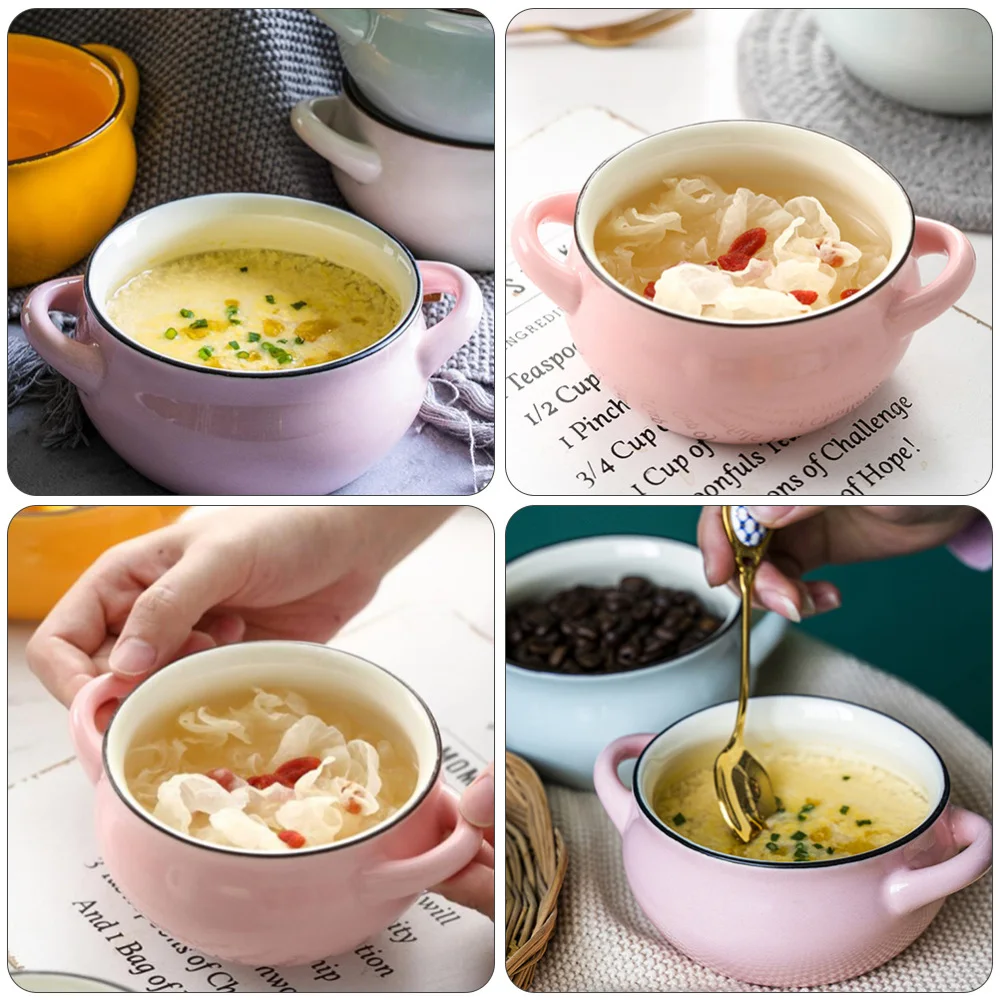 

1Pc Double Handle Ceramic Soup Bowl Restaurant Rice Dessert Bowl Pudding Bowl