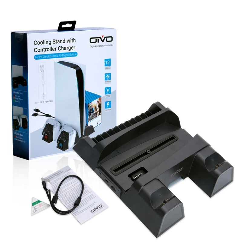 

Dual Controller Charger Console Vertical Cooling Stand Fast Charging Station LED Fan For PS5 DE/UHD Disc/Digital