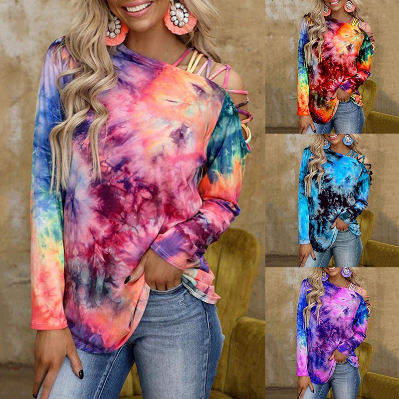 

Tie-Dye Printed Off Shoulder T-shirt Long Sleeve Sexy Casual Loose T-shirt for Women Top Slant Collar Spring and Summer S-2XL