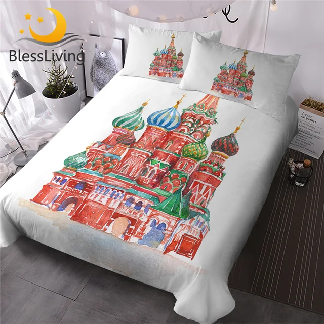 BlessLiving Moscow Church Bedding Set Watercolor Duvet Cover Set White Bedclothes Buildings Luxury Bedlinen 3pcs Queen Size 1