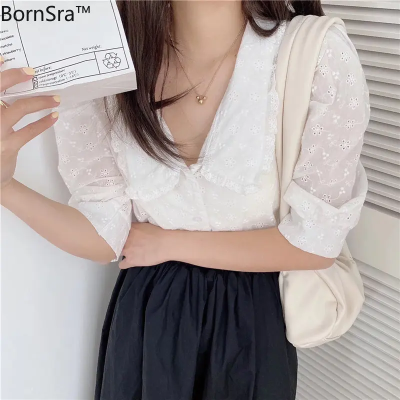 

Bornsra Office Lady Brief Lace Tops Hot Sale Streetwear Women Solid Korea 2020 New Sweet Lady Cute Girls Gentle Shirts