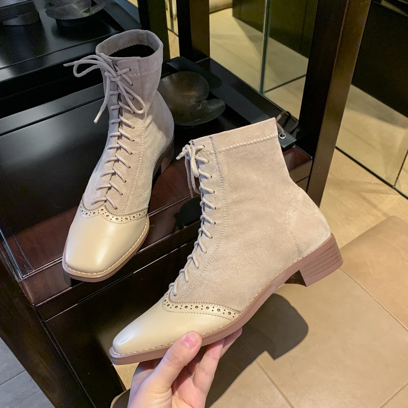 Online Sepatu Bot Pergelangan Kaki Wanita Kulit Fashion Baru Sepatu Bot Pendek Wanita Bertali Hak Tebal Bersirkulasi Botas Feminina Lembut