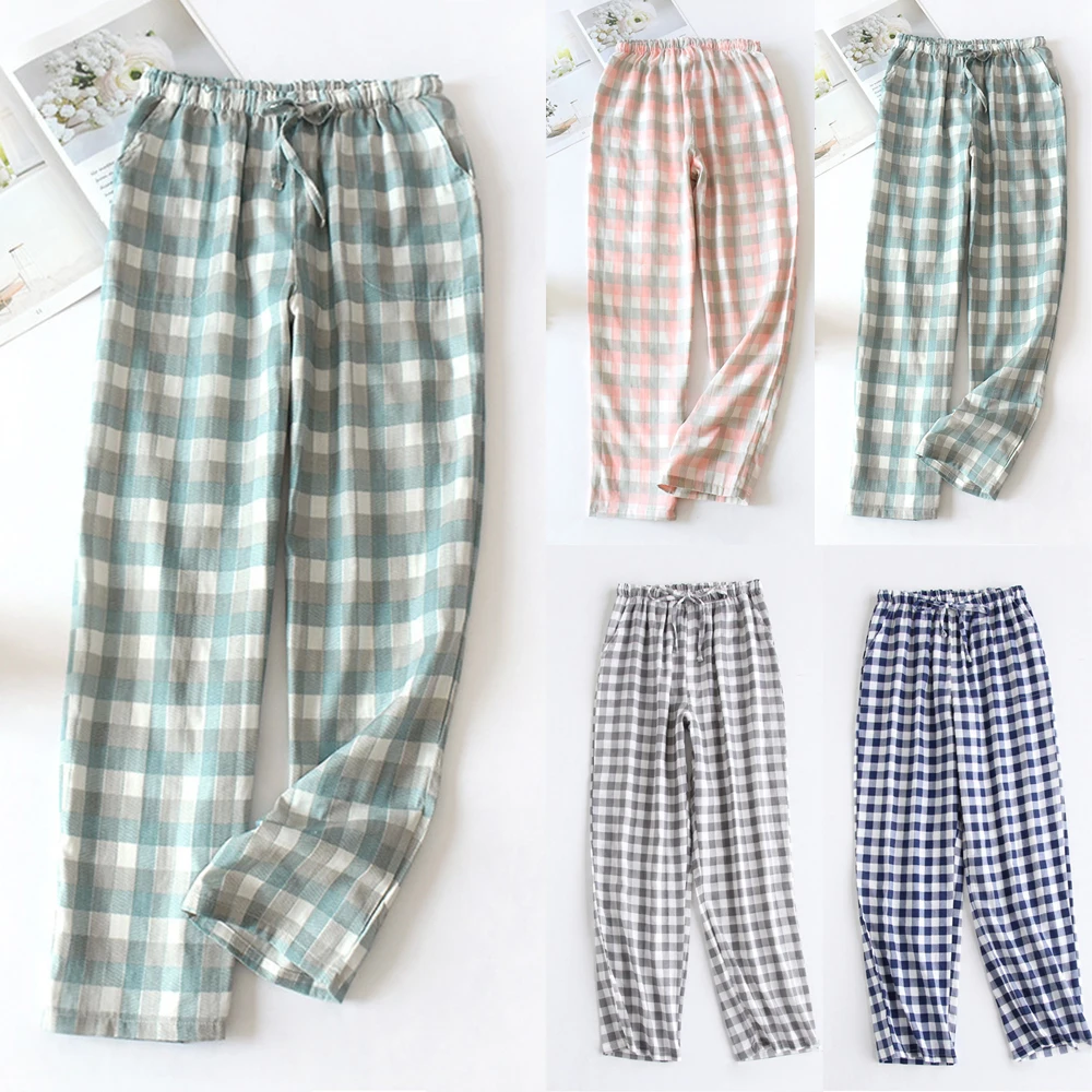 

Soft Pajamas Pants Cotton Sleep Bottoms Women Girls Plaid Spring Summer Cotton Home Pants Loose Trousers