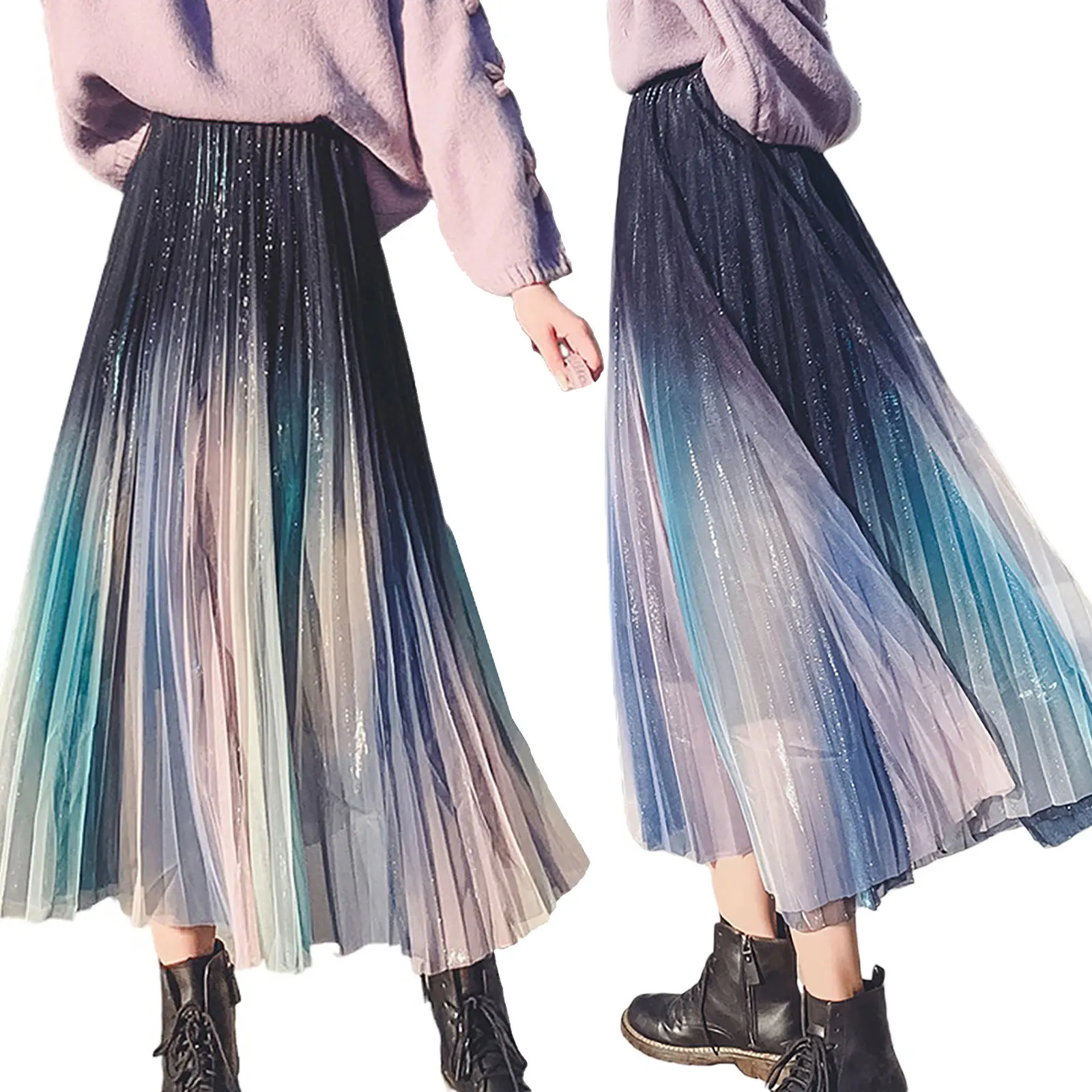 

Осенняя Женская многослойная сетчатая юбка в Корейском стиле с градиентом цвета Модная плиссированная юбка средней длины с высокой талией