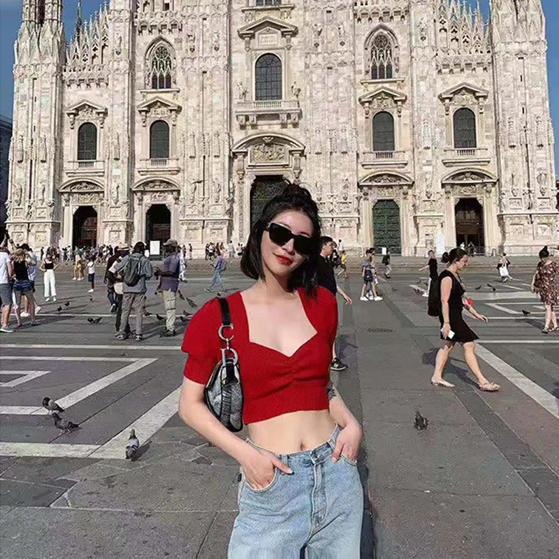 

2021 Summer New Knitted Women Tank Tops Fashion Square Collar Short Sleeve Red Solid Short Slim Sexy Sweet Women Tops