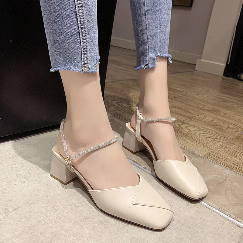 

2021 Sandals Black Shoes for Women Summer Heels Ankle Strap Square Toe Med New Beige Elastic Band Fashion Girls Spring Clear Me