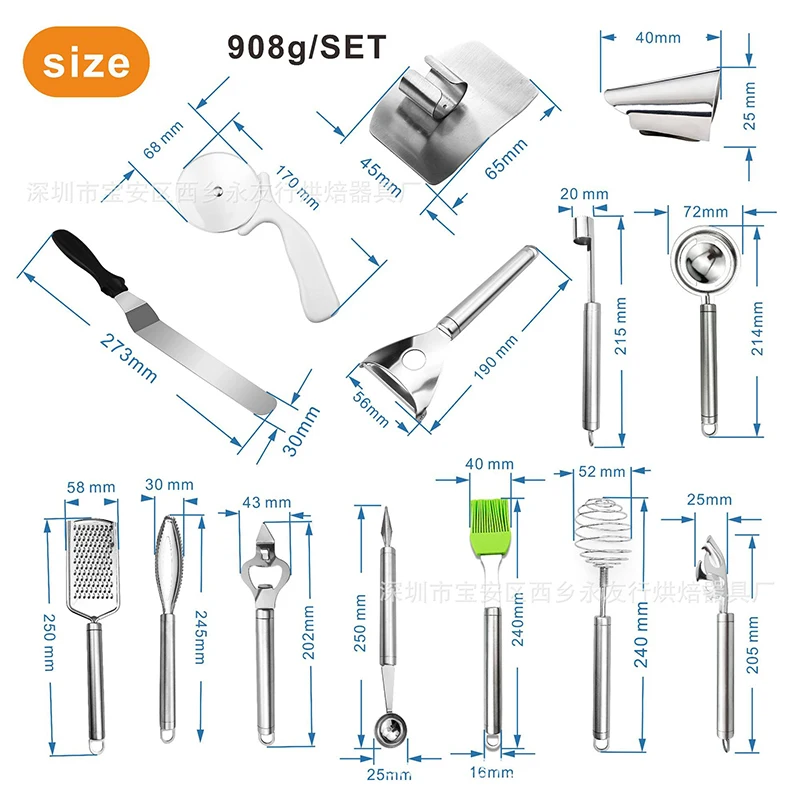 

18 Pcs Kitchen Gadget Tools Set Stainless Steel Utensils Peeler Brush Egg Separator Opener Spatula Cheese Grater Pizza Cutter