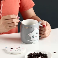 480ml ceramics cute cat mug with lid and spoon coffee milk tea mugs breakfast cartoon cup drinkware novelty gifts