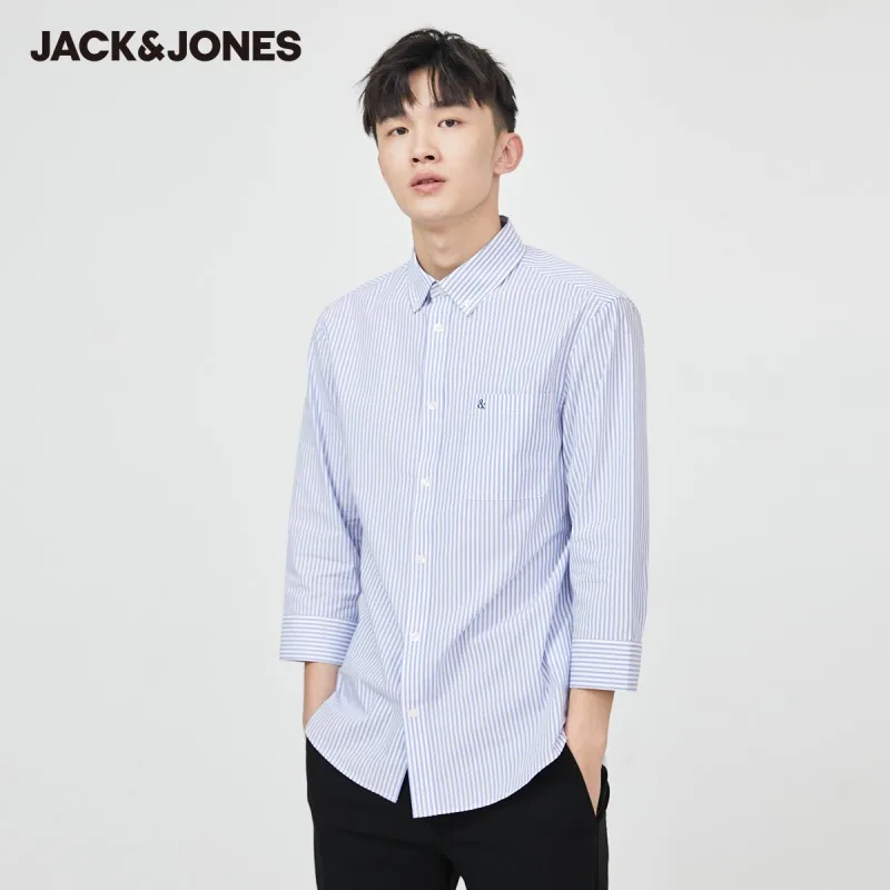 

JackJones Men's 100% Cotton 3D LOGO Embroidered Stripe Turn-down Collar 3/4 Sleeves Shirt | 220331502