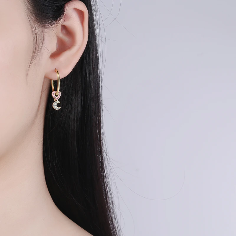 

JYouHF Exquisite Moon Heart Charms Micro Paved Cubic Zirconia Earrings for Women 925 Sterling Silver Gold Color Big Hoop Earring