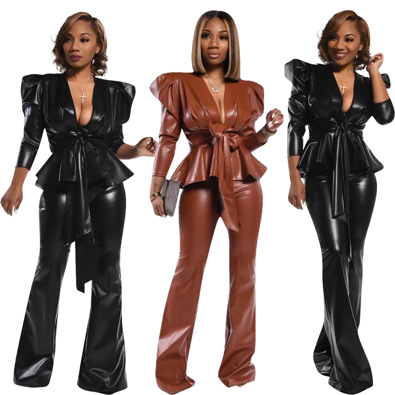 

2021 Autumn PU Leather Suit Puff Sleeve Ruffle V Neck Blazer Top with Belt and Flare Leg Pants Street Office Lady Two Piece Set