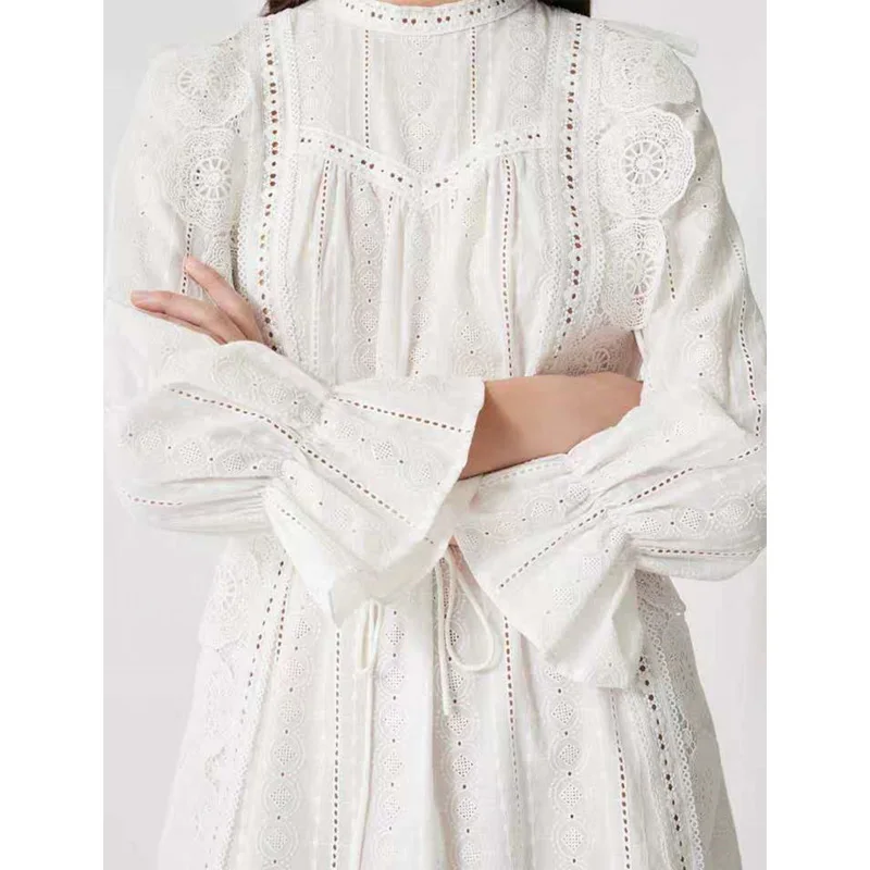

Spring Autumn Lace Hollow Cotton Linen Embroidery White Elegant Dress 2021 New Women's Wear Ruffle A Line Mini Party Dresses 550
