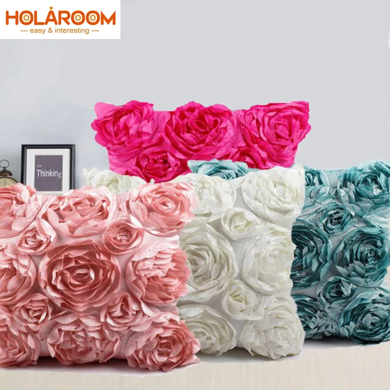 European Style 3D Roses Embroidered Cushion Cover Pillowcase Wedding Home Decorative Sofa Pillows cojines decorativos para sof