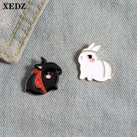 xedz black and white rabbit sister enamel pins pink sad turban pet rabbit cartoon animal pushpin fun jewelry punk lapel brooch