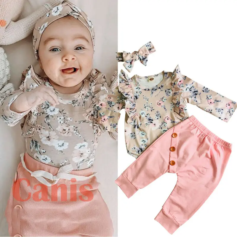 

Newborn Infant Baby Girl Ruffle Romper Tops Floral Pants 3pcs Outfits Clothes