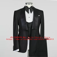 jeltonewin new black suit men 3 pieces slim fit groom wedding costume fashion design jacket vest pants party prom dress tuxedo