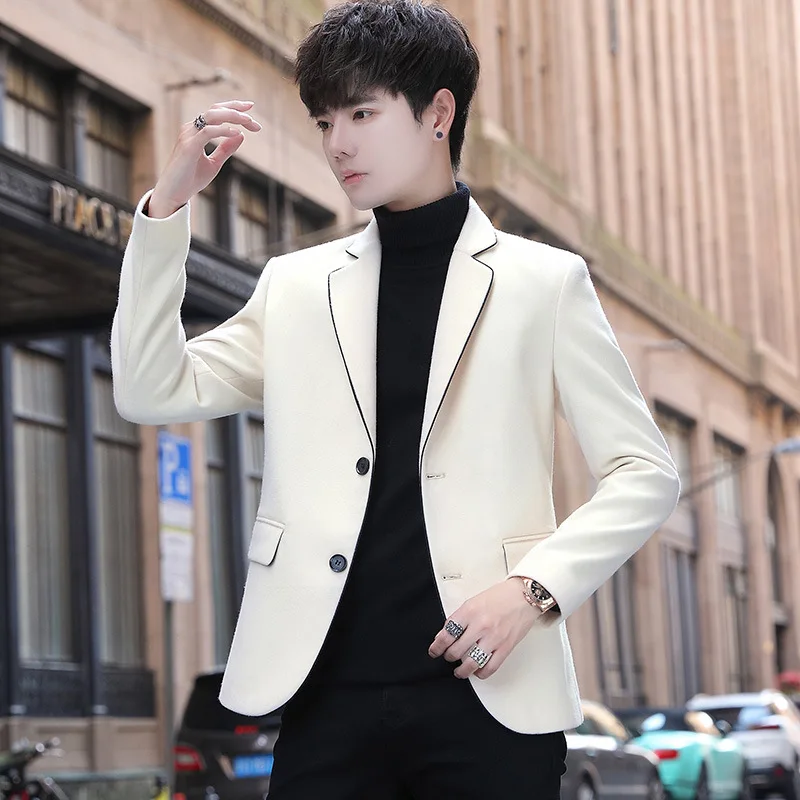 

2021 men's woolen cloth pure color double-button edging suit for teenagers trendy new woolen cloth casual slim fit blazer