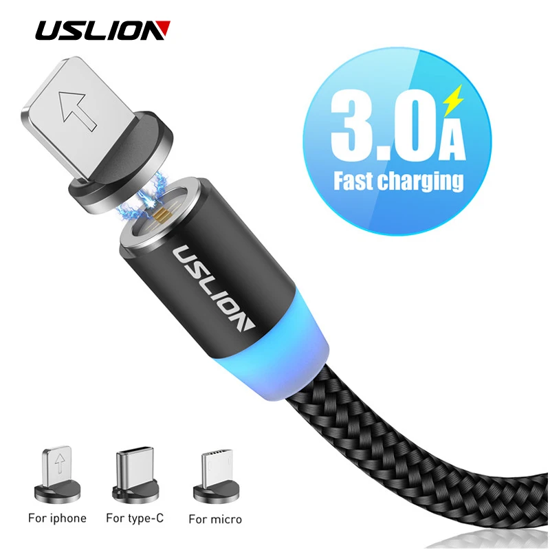 USLION 3A Магнитный кабель Micro usb type C Быстрая зарядка светодиодный зарядное