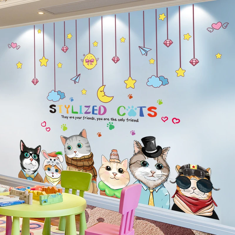 

[shijuekongjian] Stars Clouds Wall Stickers DIY Cartoon Cats Animals Wall Decals for Kids Bedroom Baby Room House Decoration