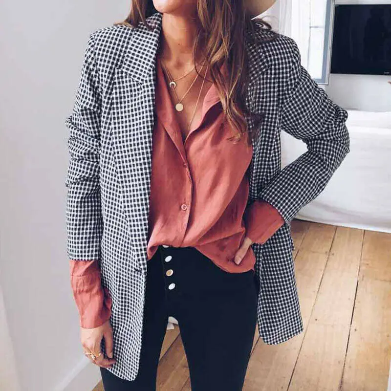 

Fashion Women Casual Blazer Suit Black Plaid Jacket Lapel Tops Cardigan Coat Slim Outwear For Women Business Blazers