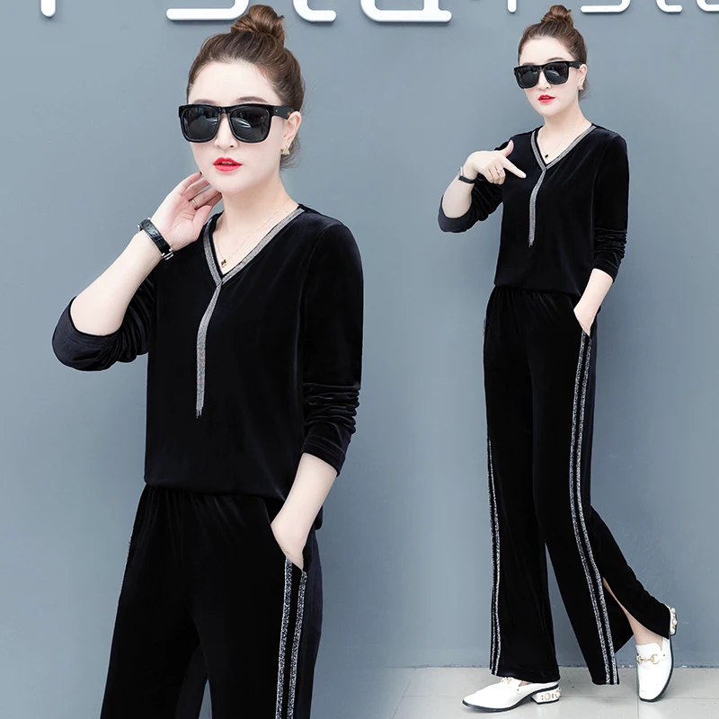 Золотой бархатный костюм женский весенне-осенний Новый корейский модный