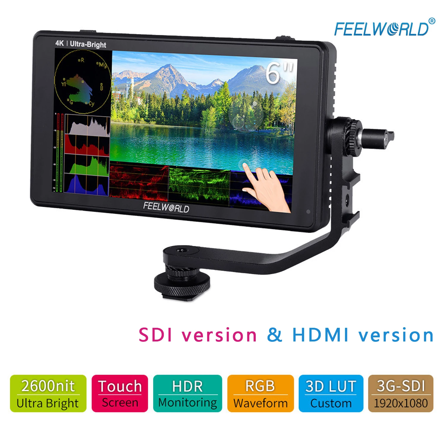 baratas Feelworld Lut6s Lut6 6 Polegada 2600 LĂȘndeas Hdr/3d Lut Tela SensĂvel Ao Toque CĂąmera Dslr Monitor De Campo Com Forma De Onda