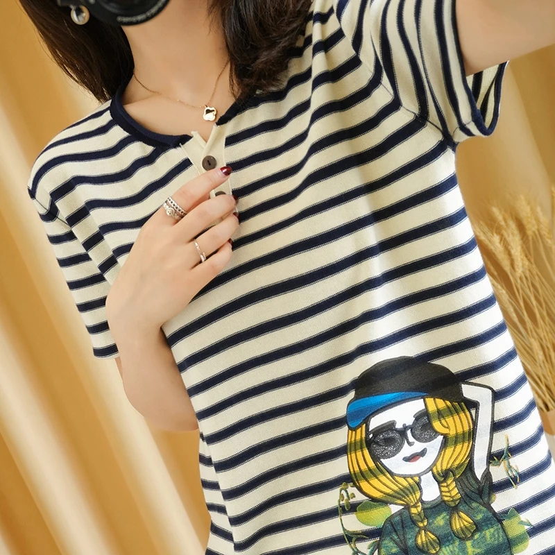 

women's Half-sleeved cotton Slim knit short style pullover women all-match stripe side pattern fashionable blouse