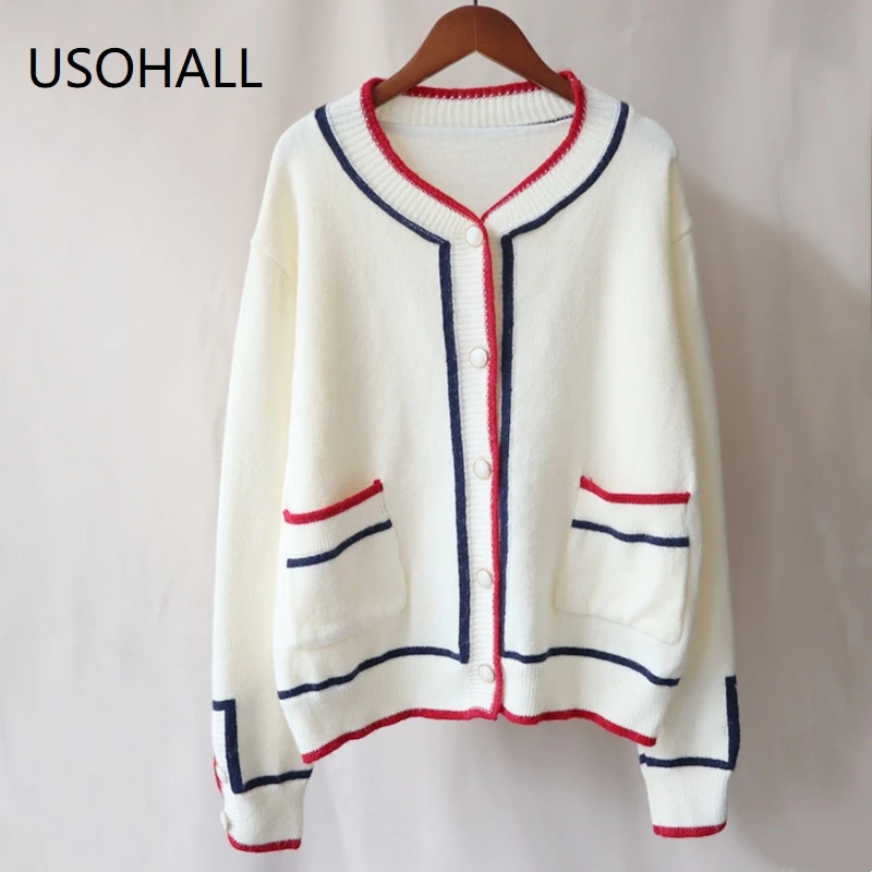 

USOHALL 2021 Autumn Winter Clothes Women Soft Warm Spliced Cardigan Fashion Sweater Coat Knit Tops