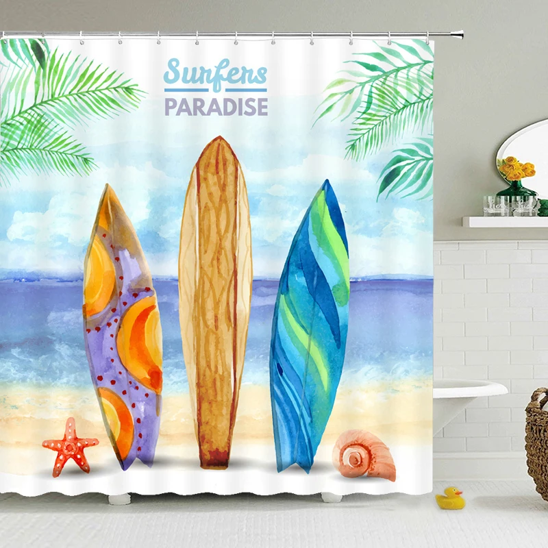 

Seaside Scenery Surf Drifting Ocean Beach Printed Shower Curtains Set Polyester Fabric Waterproof Bathroom Decor Cloth Curtain