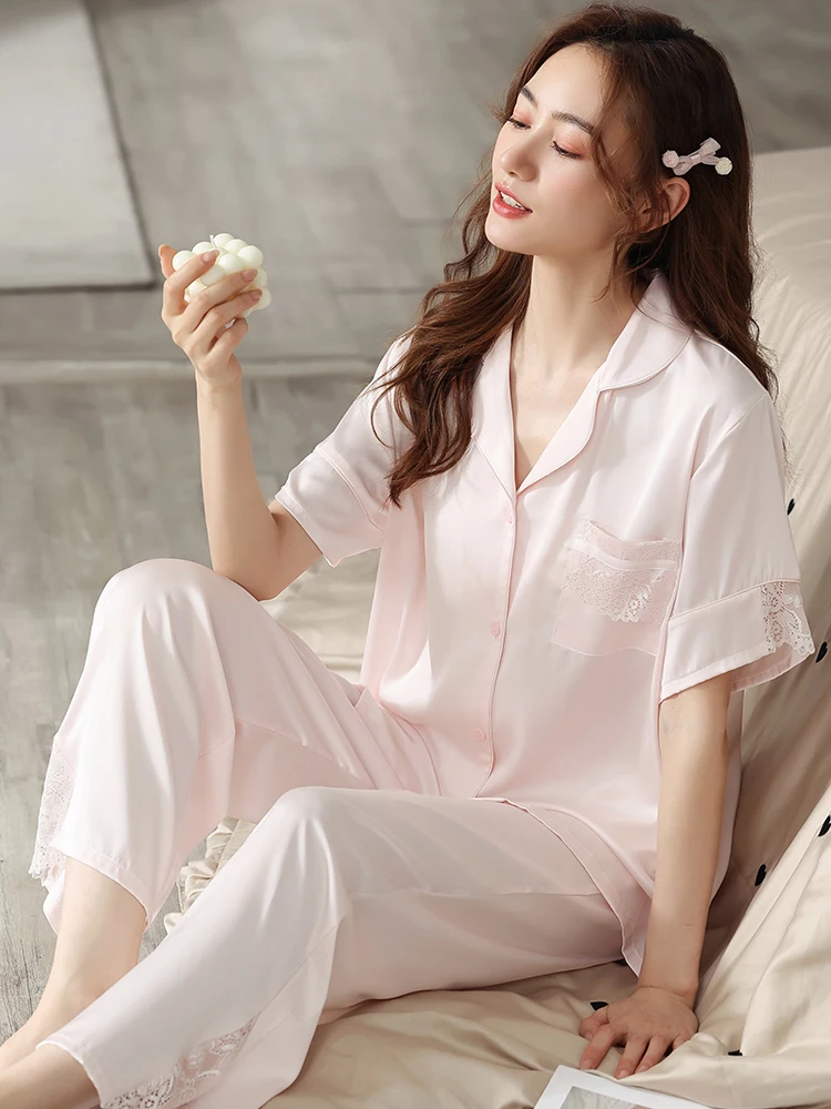

Pajama sets Summer Solid White Satin Pyjama Femme PJ Home Clothes Satin Sleepwear Women Fashion Nightwear Ice-Silk Pijama Mujer
