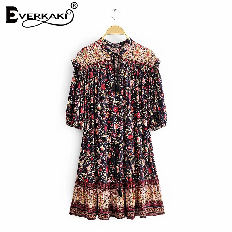 

Everkaki Boho Floral Print Short Dress Women Tassels Summer Vestidos Ladies Vintage Mini Dresses Female 2020 Spring New Fashion