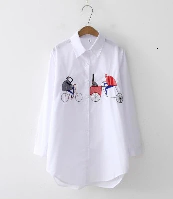 Осенняя белая хлопковая рубашка с длинными рукавами и вышивкой (Женская)| |