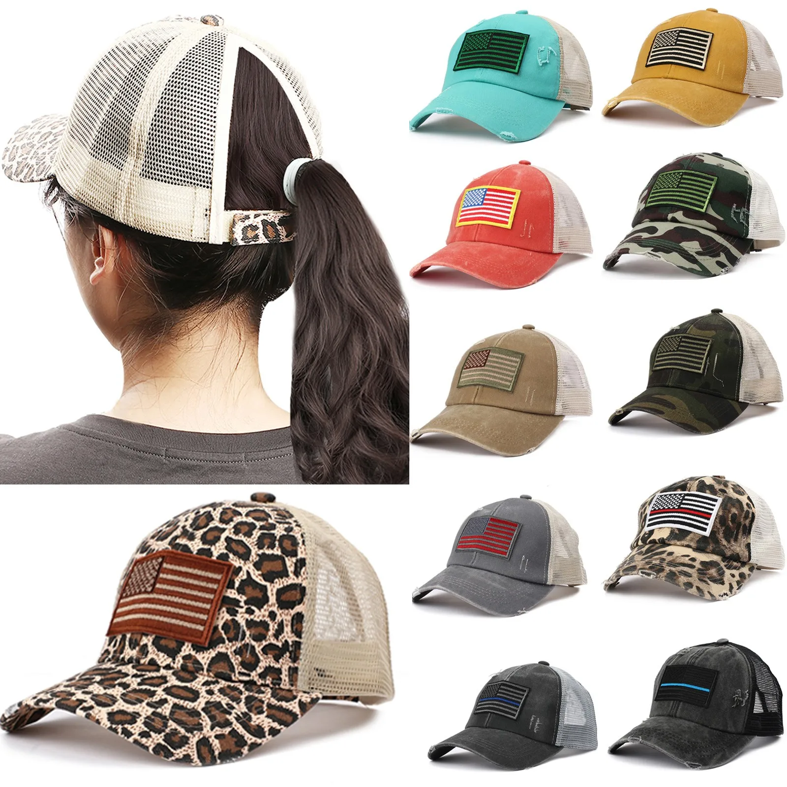 

Unisex Casual Flag Embroidery Mesh Splice Hat Adjustable Washed Baseball Cap Outdoor Tactical Hip Hop Hats Sun Hat#35